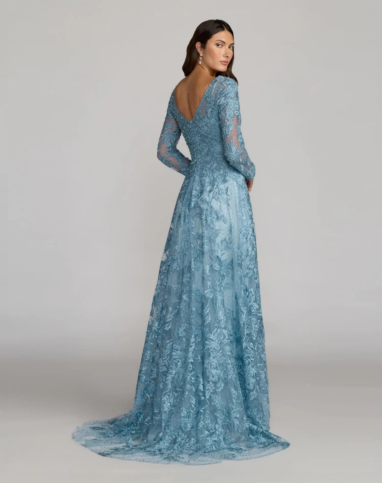 Blue Embroidered Long Sleeve A-Line Gown - Image 4