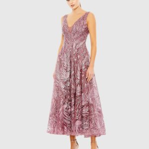 V-Neck Low Cut Back Floral Embroidered A-Line Dress