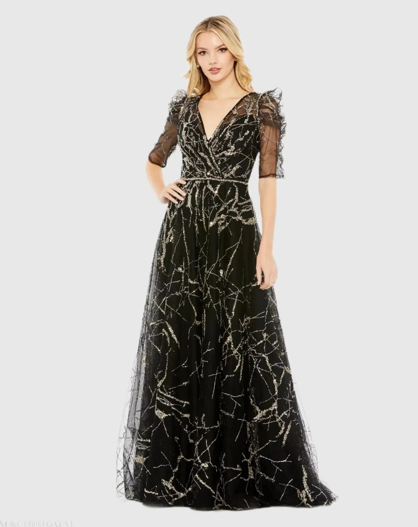 Embellished Gathered Puff Sleeve Faux Wrap Gown - Image 2