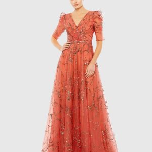 Embellished Gathered Puff Sleeve Faux Wrap Gown