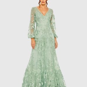 Green Puff Sleeve A-Line Embroidered Gown