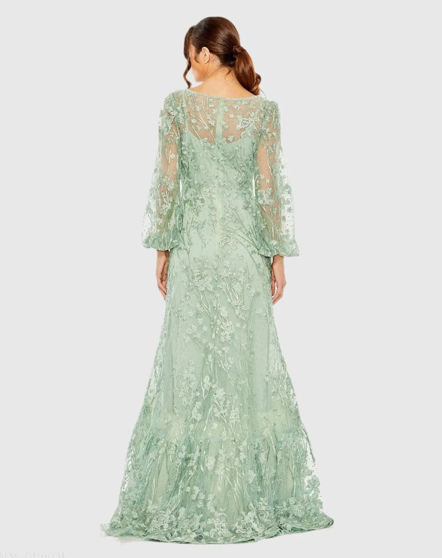 Green Puff Sleeve A-Line Embroidered Gown - Image 3