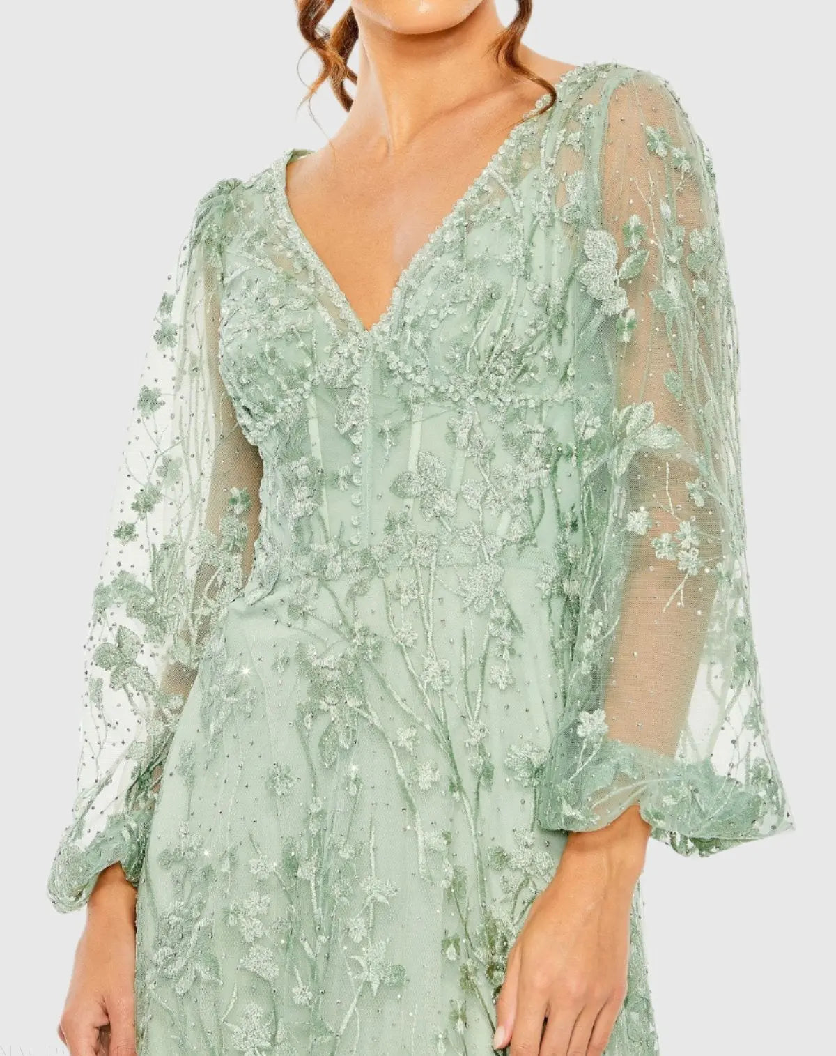 Green Puff Sleeve A-Line Embroidered Gown - Image 2