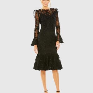 Black Long Sleeve Embroidered Midi Dress