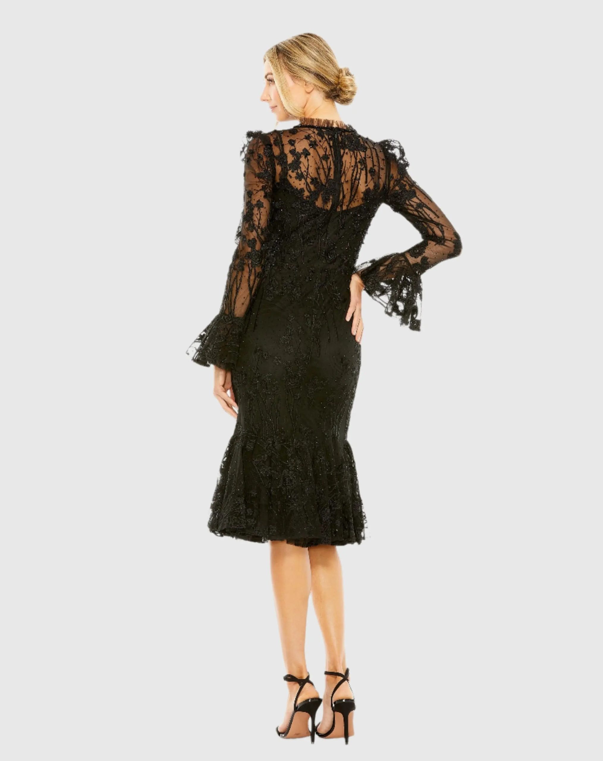 Black Long Sleeve Embroidered Midi Dress - Image 3