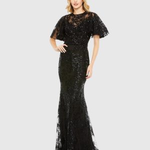 Black Embellished Flutter Sleeve High Neck Gown - FINAL SALE