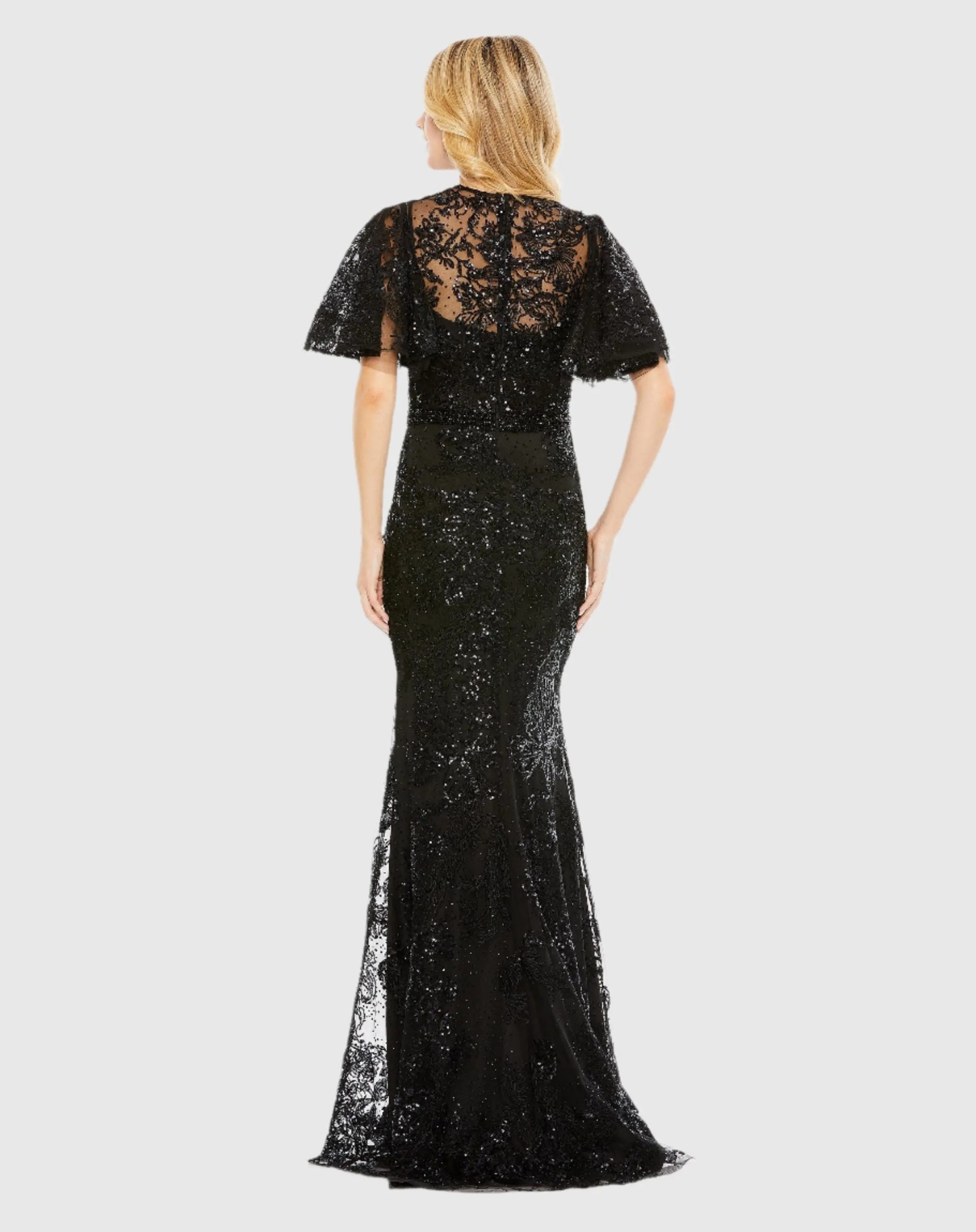 Black Embellished Flutter Sleeve High Neck Gown - FINAL SALE - Image 3