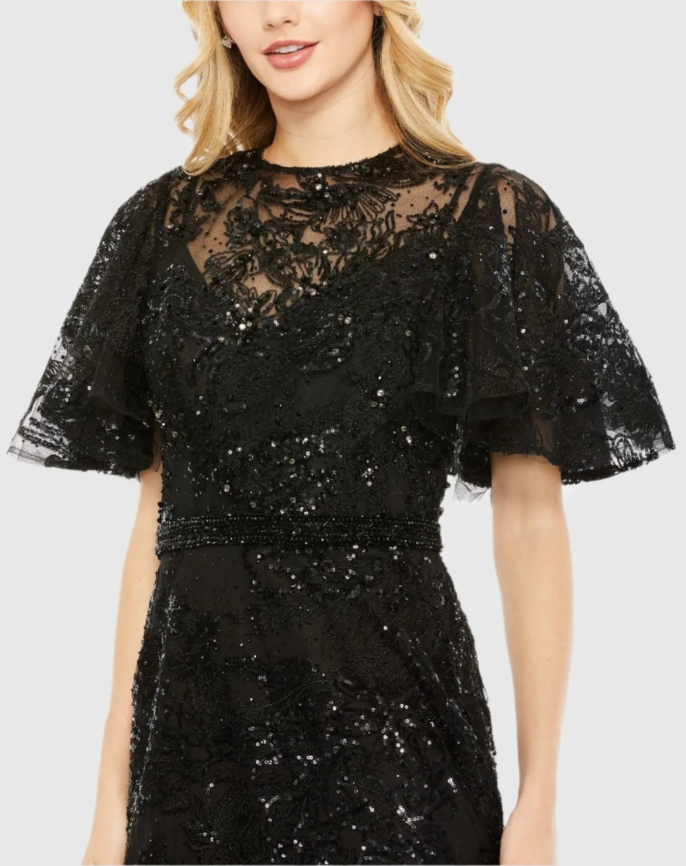 Black Embellished Flutter Sleeve High Neck Gown - FINAL SALE - Image 2