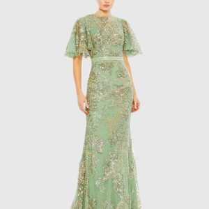 Embellished Flutter Sleeve High Neck Gown