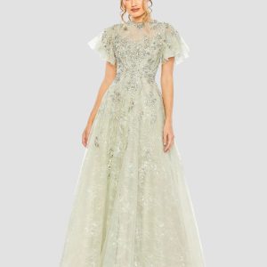 Green Embroidered Tulle Flutter Sleeve A-line Gown
