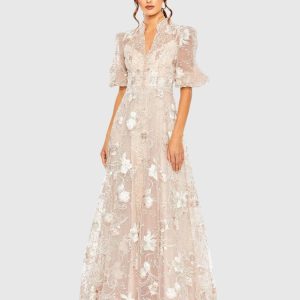 Pink Queen Anne Puff Sleeve Embroidered A-Line Gown