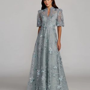Blue Queen Anne Puff Sleeve Embroidered A-Line Gown