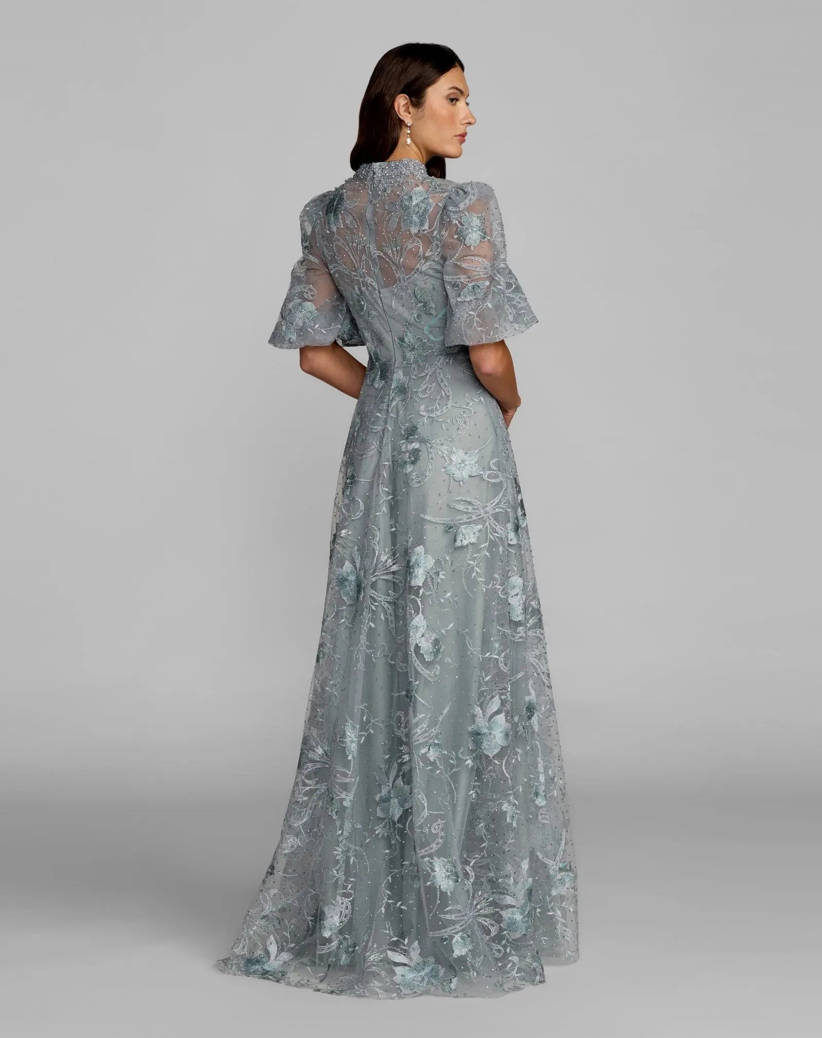 Blue Queen Anne Puff Sleeve Embroidered A-Line Gown - Image 3