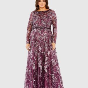 Purple Long Sleeve High Neck Embroidered Gown