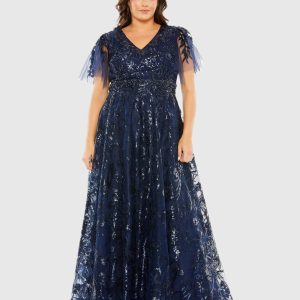 High Neck Flutter Sleeve Embellished A-Line Gown