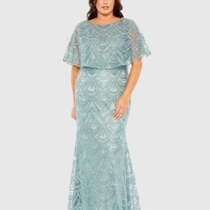 High Neck Embellished Column Dress With Cape (Plus)