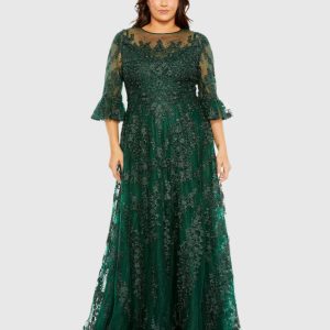 Green High Neck Flutter Sleeve Embroidered A Line Gown (Plus)