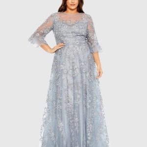 Blue High Neck Flutter Sleeve Embroidered A Line Gown (Plus)