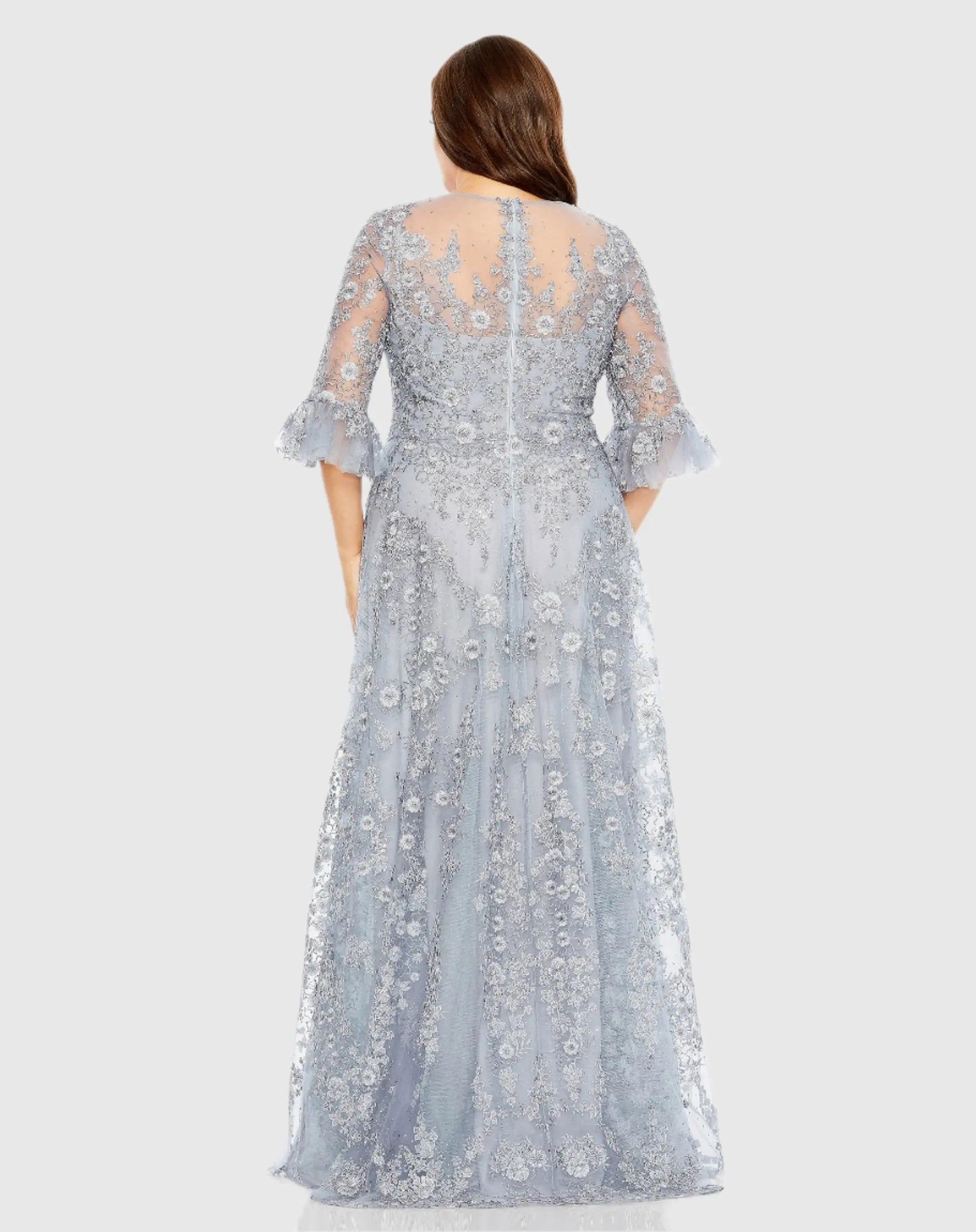 Blue High Neck Flutter Sleeve Embroidered A Line Gown (Plus) - Image 3