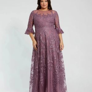 Purple High Neck Flutter Sleeve Embroidered A Line Gown (Plus)