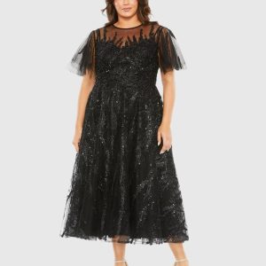 High Neck Flutter Sleeve A Line Embellished Dress