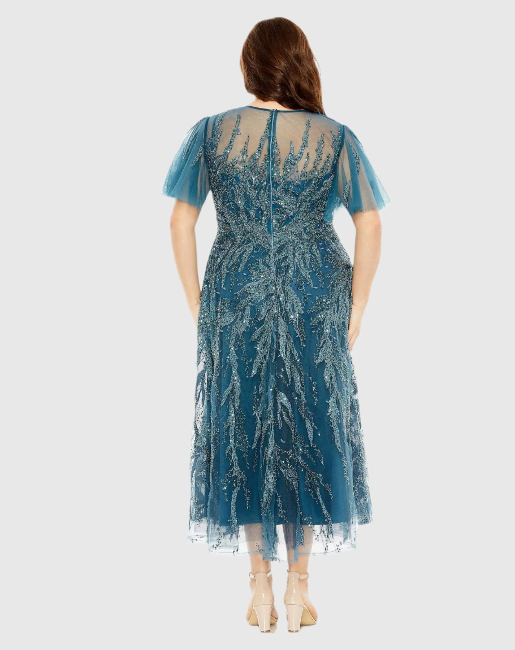Blue High Neck Flutter Sleeve Embellished A Line Dress (Plus) - Image 3