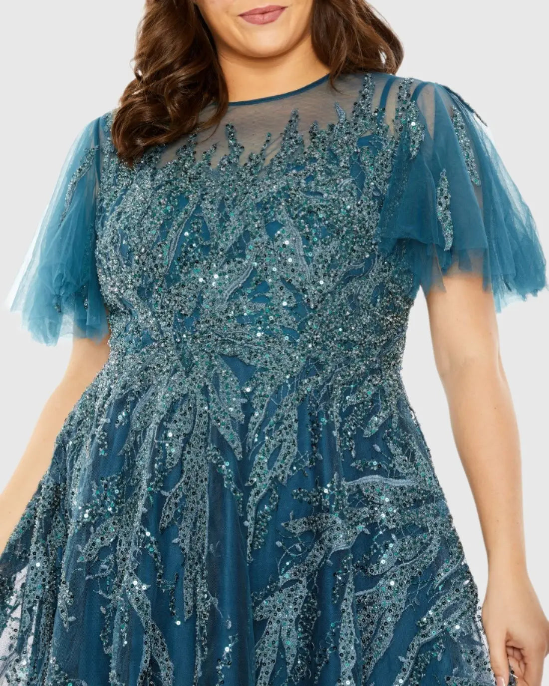 Blue High Neck Flutter Sleeve Embellished A Line Dress (Plus) - Image 2