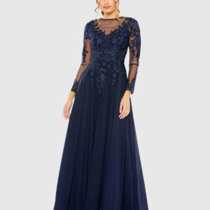 Navy High Neck Long Sleeve Embellished A-line Gown