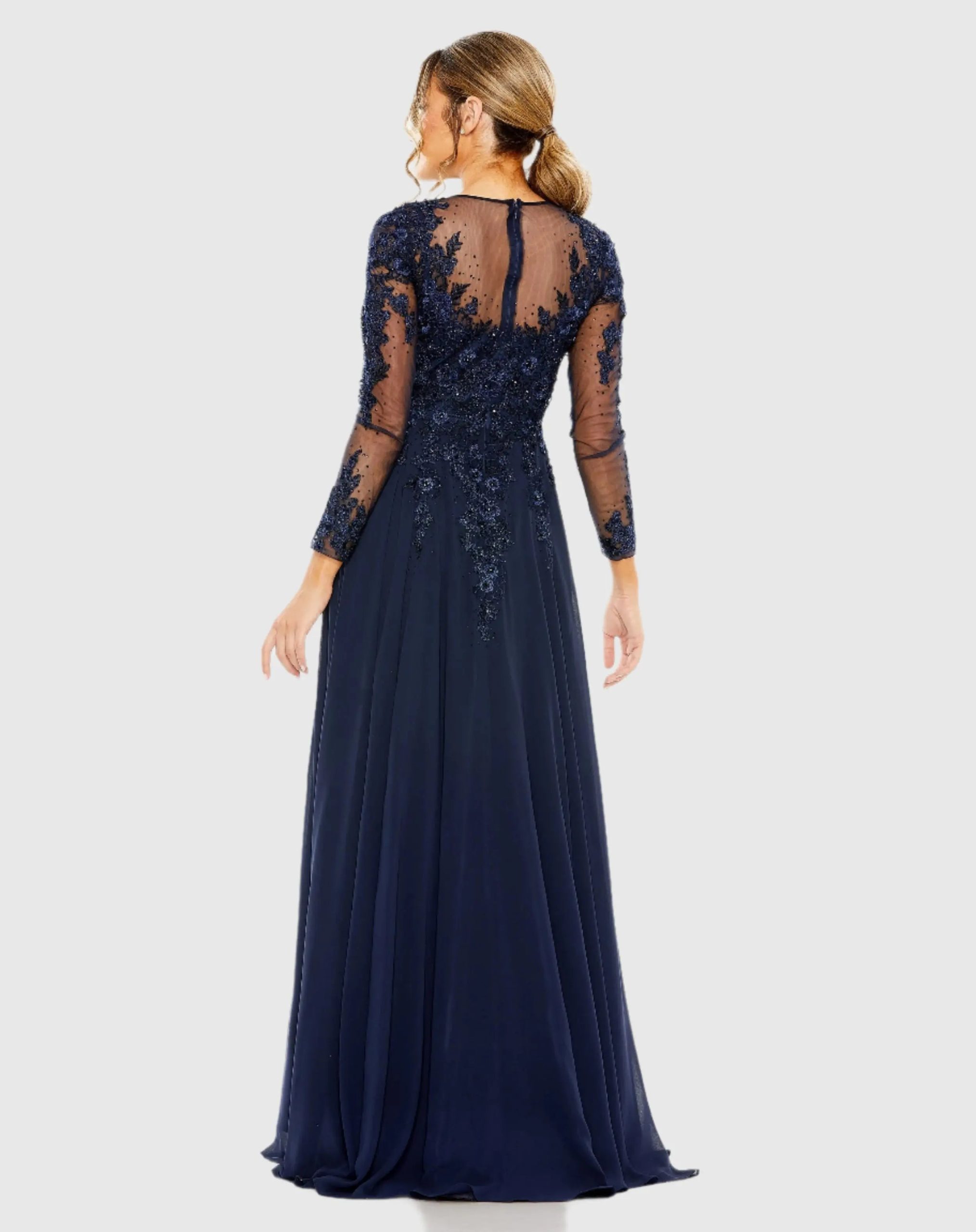 Navy High Neck Long Sleeve Embellished A-line Gown - Image 3