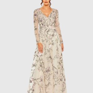 Beige V-Neck Long Sleeve Embroidered A-Line Floral Gown