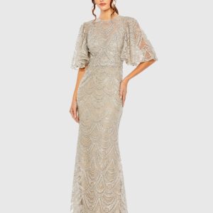 Beige and Silver Flutter Sleeve High Neck Gown