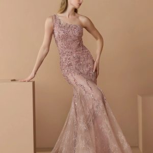 Pink Embellished Lace One Shoulder Mermaid Gown