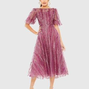 High Neck Puff Sleeve Embellished A Line Dress