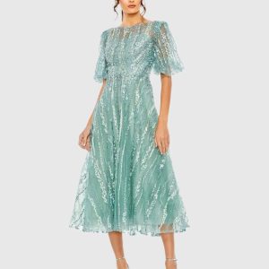 Green High Neck Puff Sleeve Embellished A Line Dress