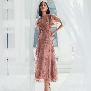 Pink Embroidered Flutter Sleeve A Line Dress