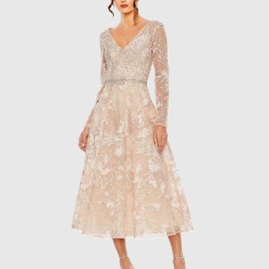 Light Pink Embroidered Long Sleeve Midi Dress