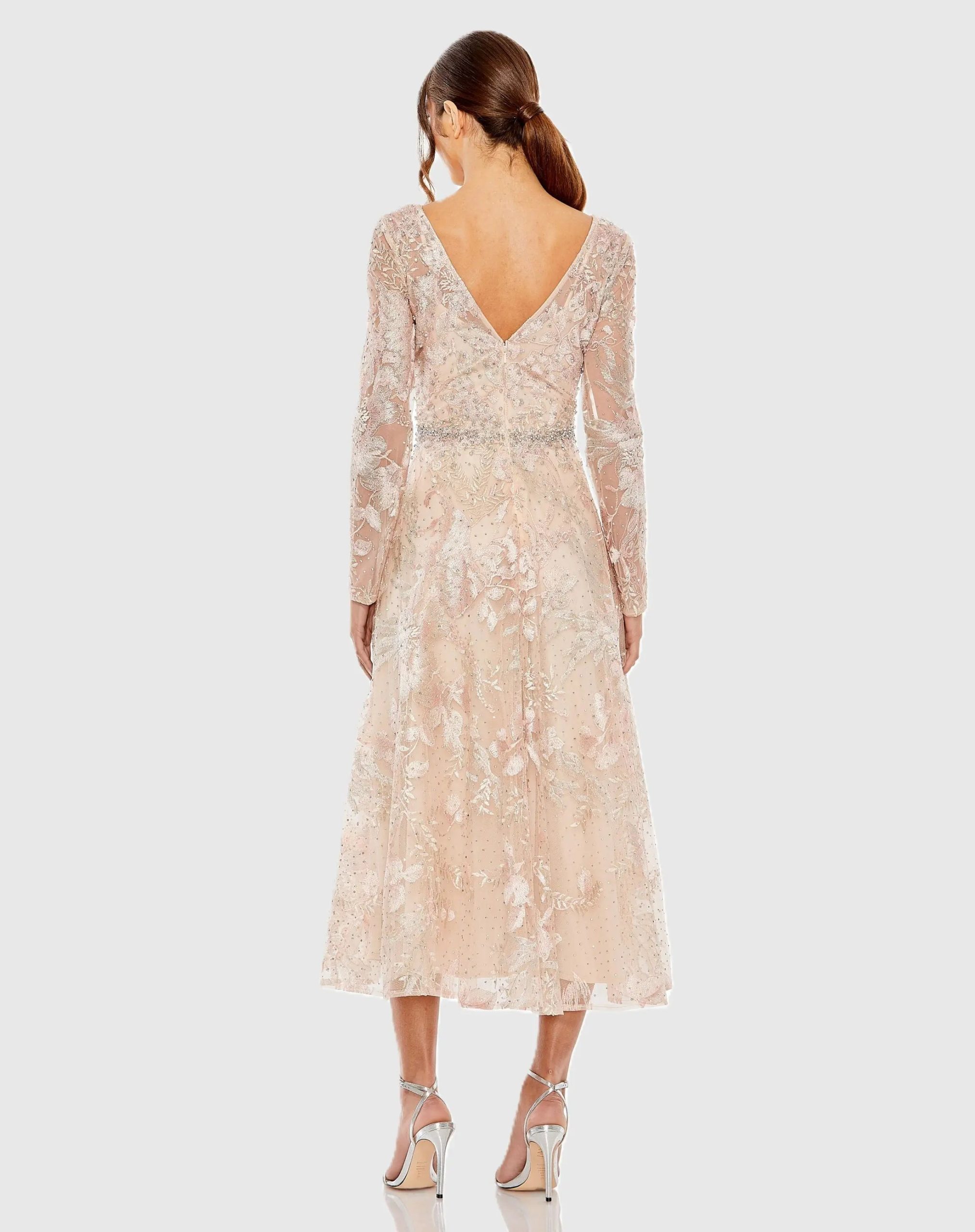 Light Pink Embroidered Long Sleeve Midi Dress - Image 3
