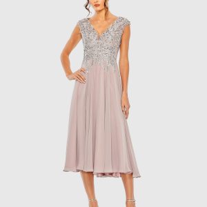 Purple Embroidered Chiffon A-Line Midi Dress