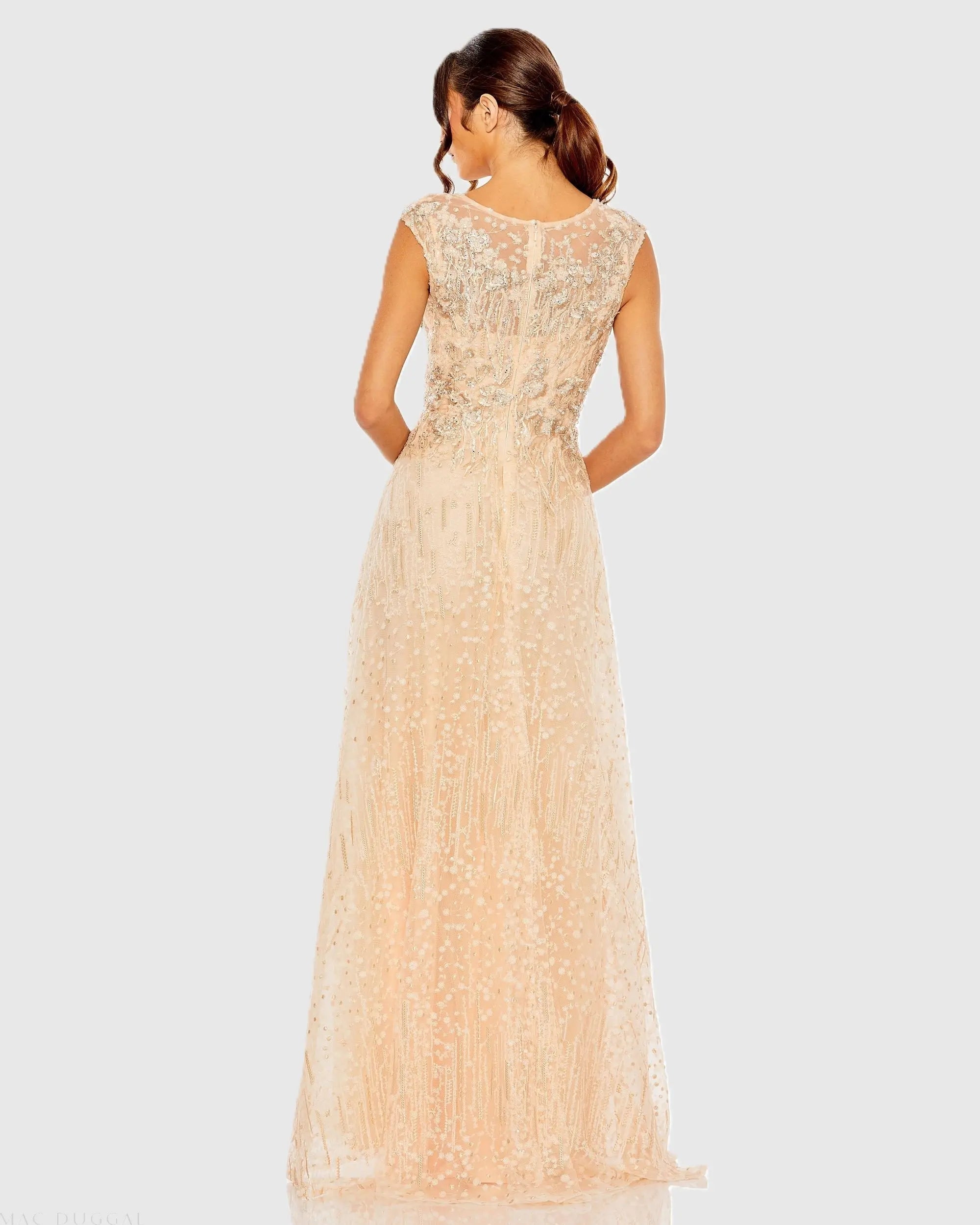 Light Orange High Neck Lace Embroidered Gown - Image 3