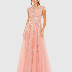 Pink High Neck Cap Sleeve Embellished A Line Gown