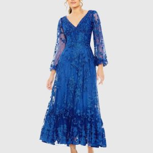 Blue V-Neck Embroidered A-line Tea Length Dress