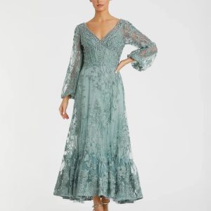Green V-Neck Embroidered A-line Tea Length Dress