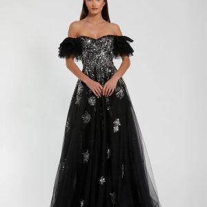 Black Tulle Off The Shoulder Gown With Sequin Details
