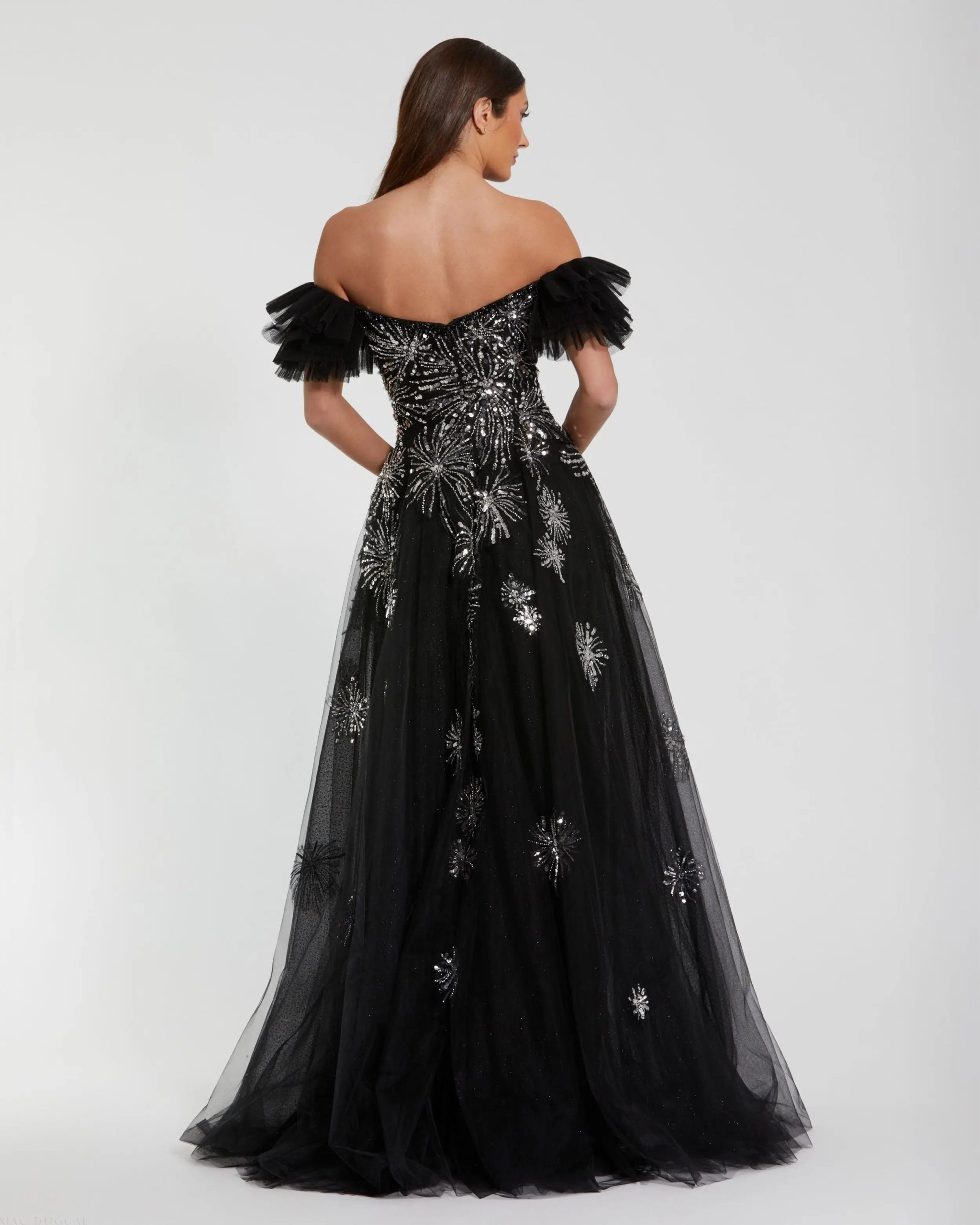 Black Tulle Off The Shoulder Gown With Sequin Details - Image 3