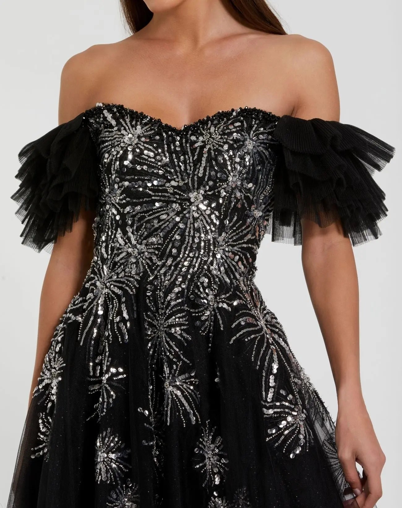 Black Tulle Off The Shoulder Gown With Sequin Details - Image 2