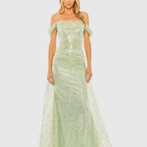 Green Off the Shoulder Sequin Panel Train Gown - FINAL SALE