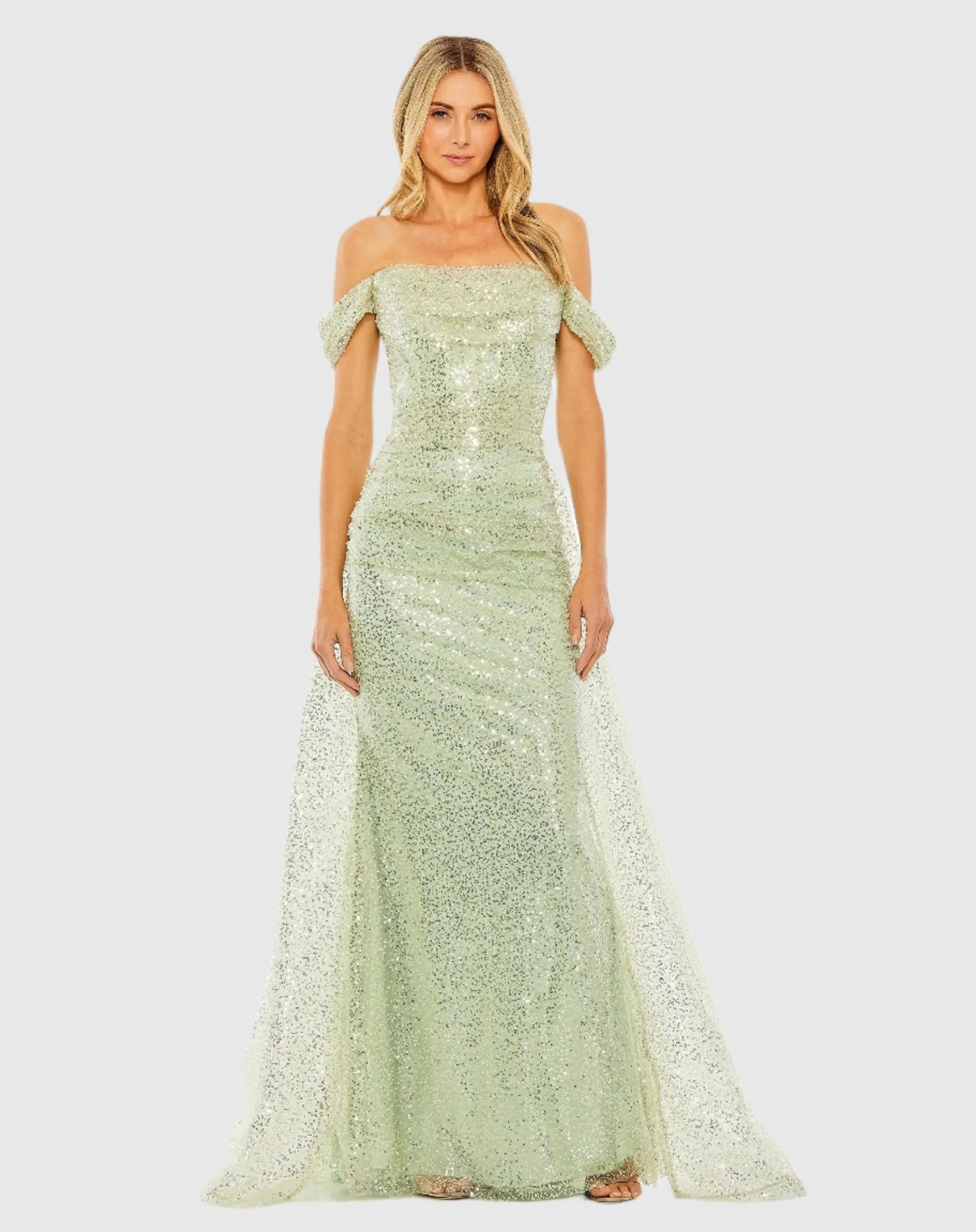 Green Off the Shoulder Sequin Panel Train Gown - FINAL SALE