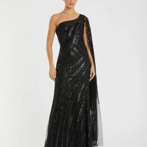 Black One Shoulder Cape Sleeve Embellished Gown
