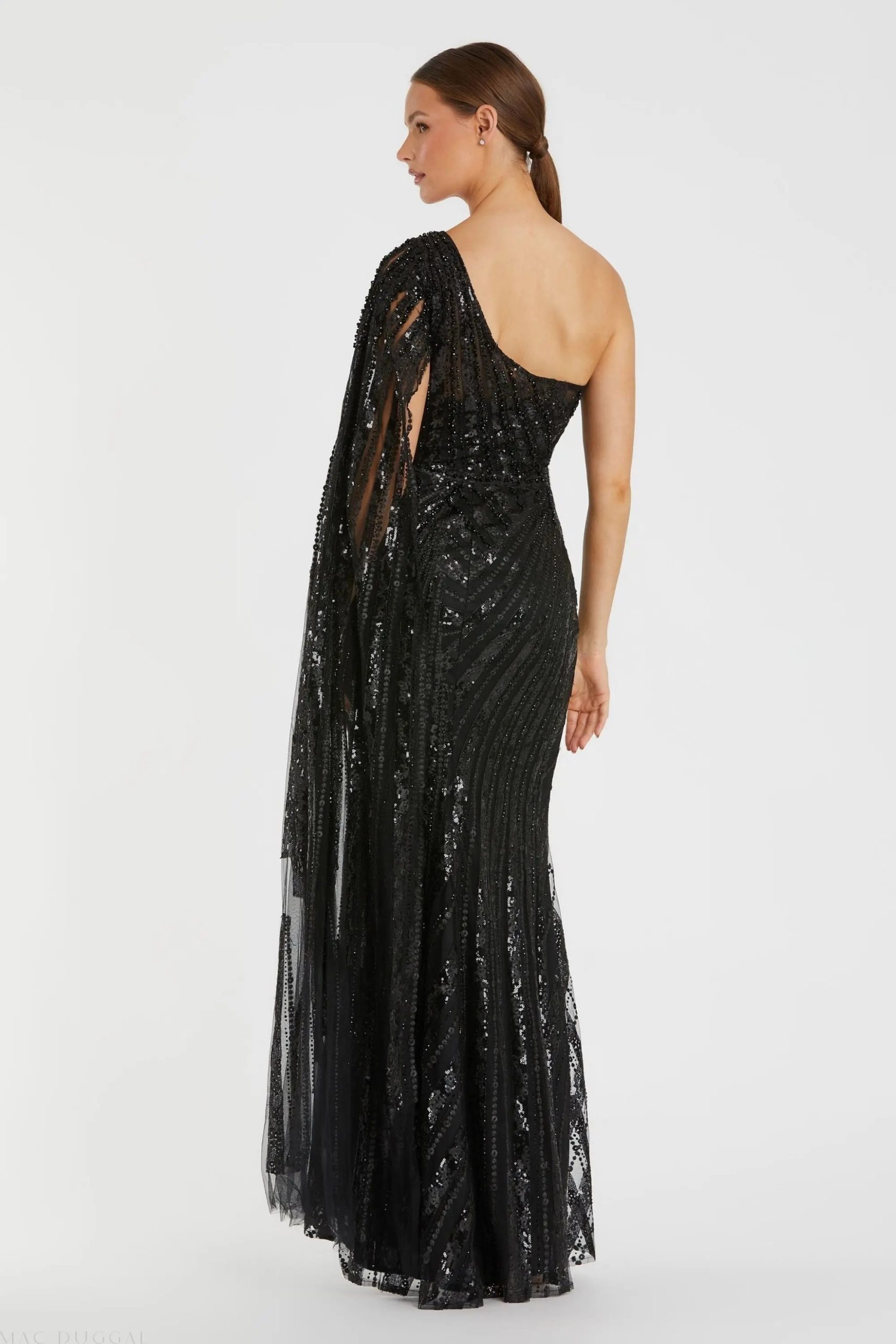 Black One Shoulder Cape Sleeve Embellished Gown - Image 3