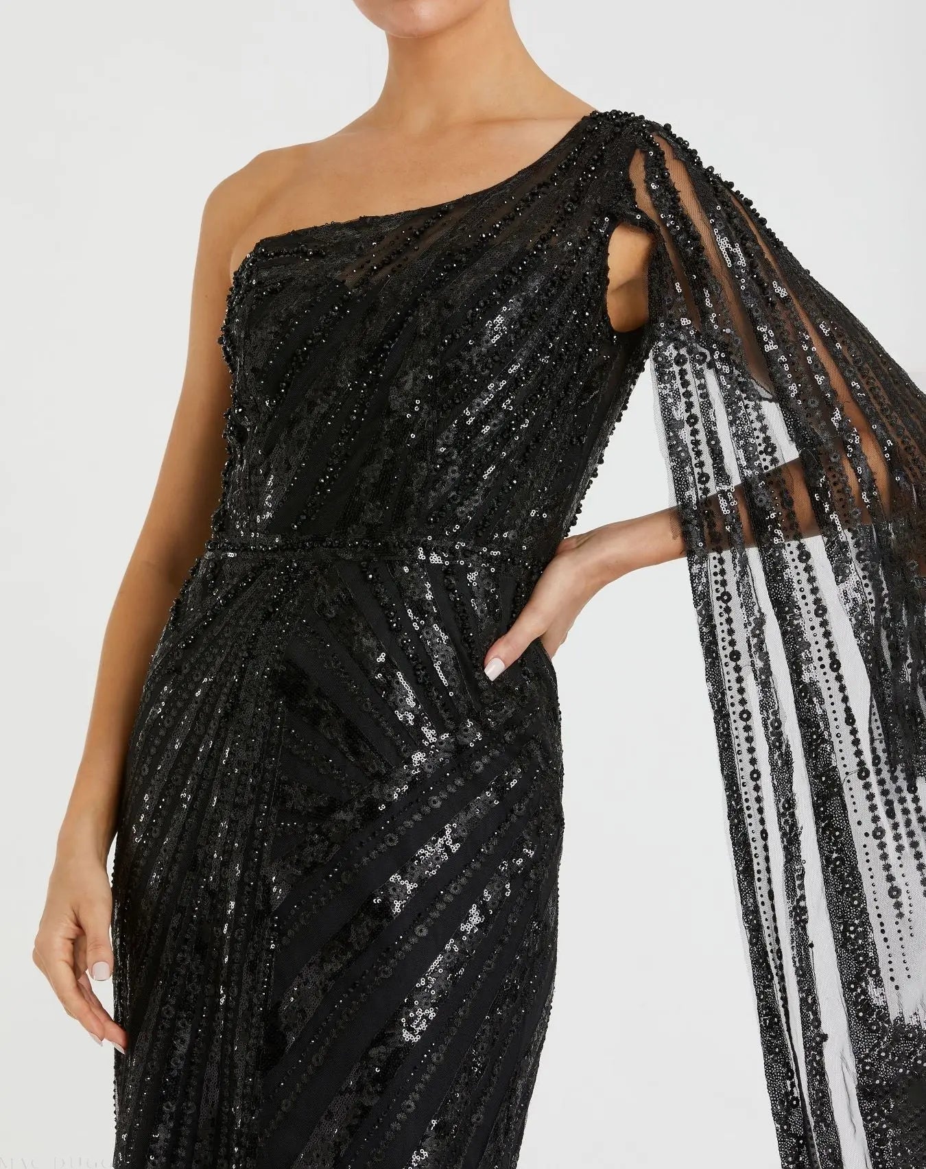 Black One Shoulder Cape Sleeve Embellished Gown - Image 2